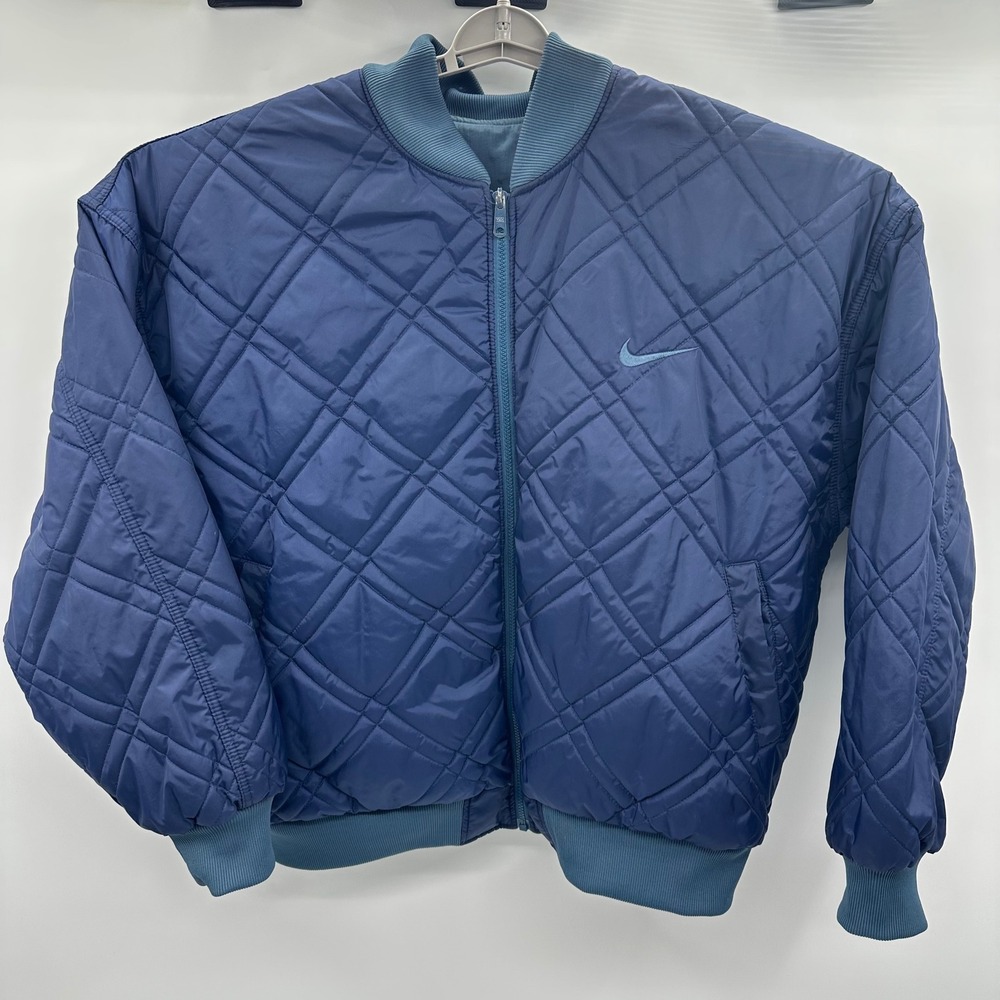Vintage Nike Reversible Bomber Jacket Navy Quilted Teal Nylon Mens XL Y2K READ
